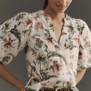 Anthropologie Floral Cream V-Neck Puff-Sleeve Popover Blouse